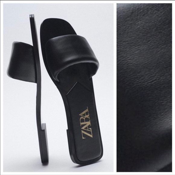NWT. Zara Black Flat Leather Sandals. Size 8.